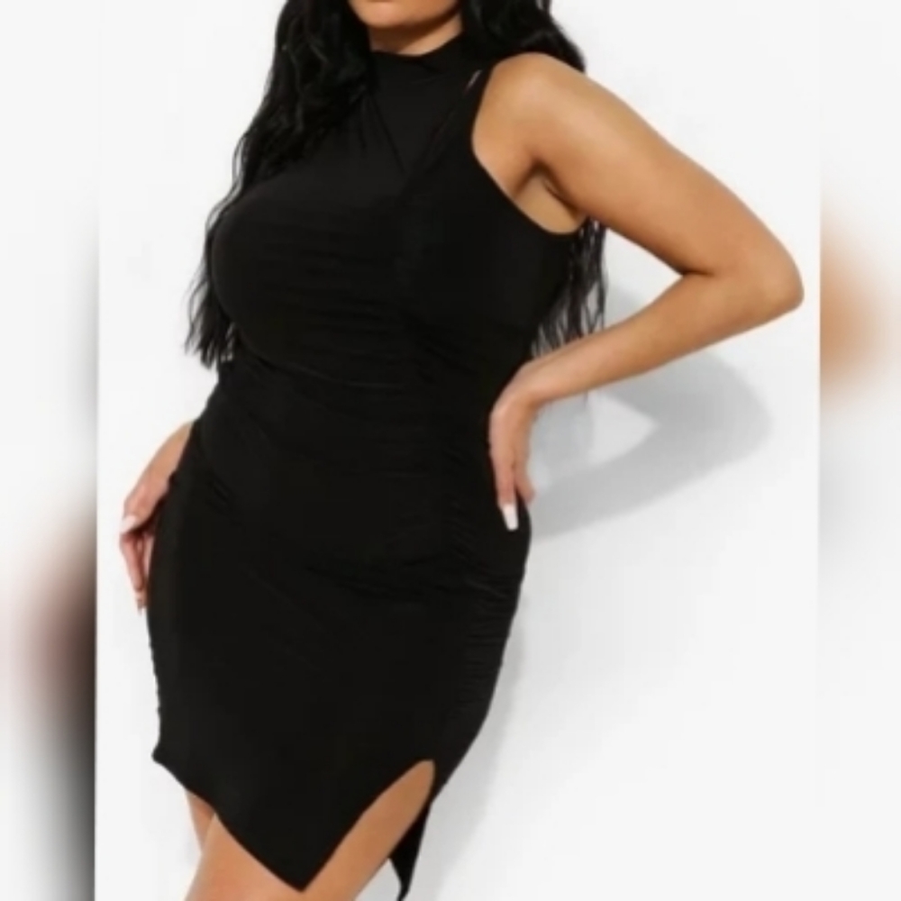 On Sale! High Neck Ruched Black Dress-Plus Size 20